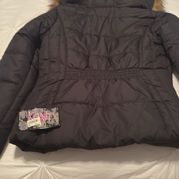 NWT Krush M faux fur hooded jacket zip up/ button up black/ pink lining - Picture 4 of 8